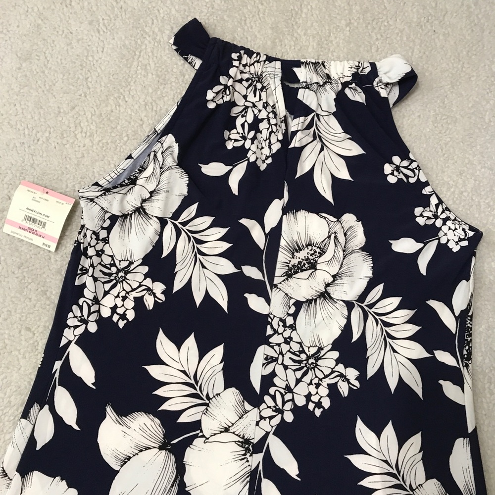 Anne Klein Floral Maxi Dress Navy Blue White Stretchy Size 10 - Picture 12 of 12